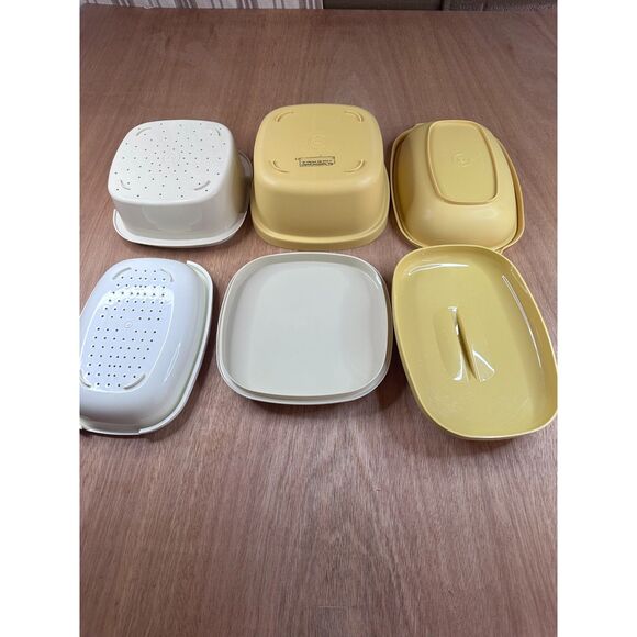 Tupperware Microwave Steamer Lot of 2 Yellow White Colander Insert Sets Vintage - Picture 4 of 4